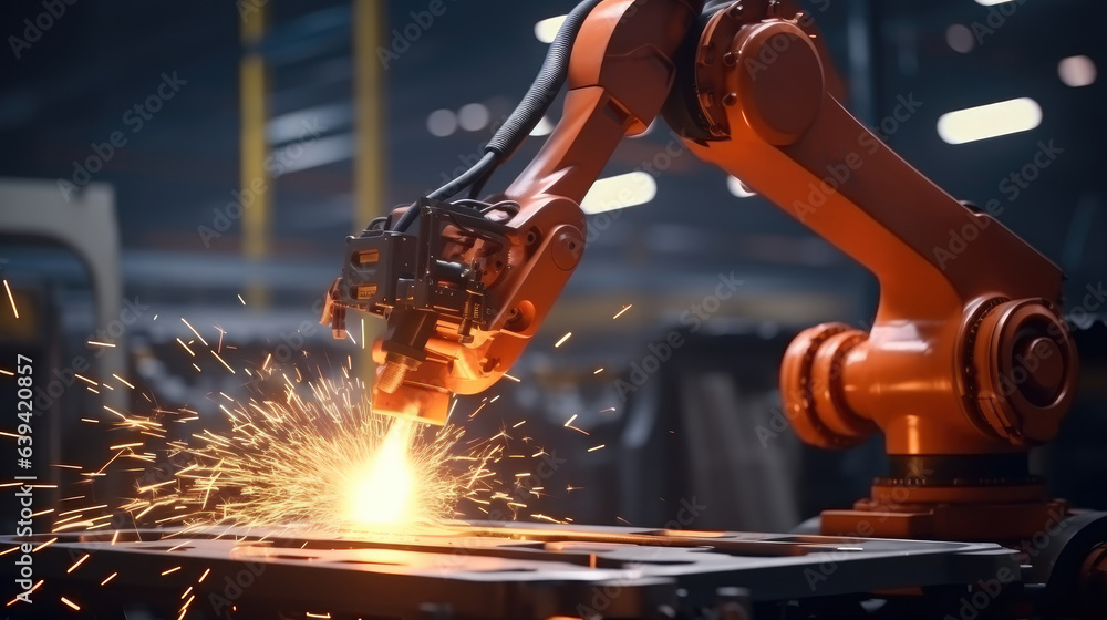 Aufkleber welding robotics automatic arms machine in intelligent factory automotive industrial.