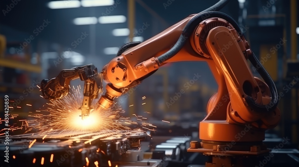 Aufkleber welding robotics automatic arms machine in intelligent factory automotive industrial.