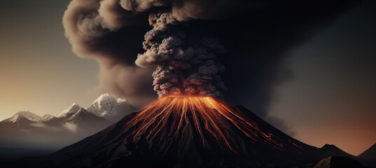 Volcano eruption landscape, Volcanic eruption, Smoke and lava.