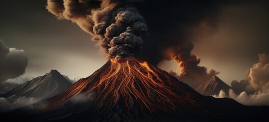 Volcano eruption landscape, Volcanic eruption, Smoke and lava.