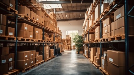 Warehouse or storage and shelves with cardboard boxes, Industrial background, Logistic business transport warehouse station.