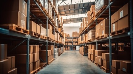 Fototapeta premium Warehouse or storage and shelves with cardboard boxes, Industrial background, Logistic business transport warehouse station.