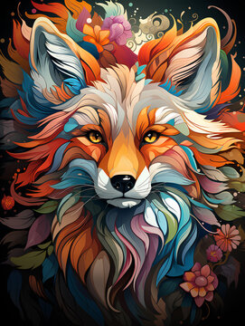 colorful fox head illustration with flowers - Generative AI