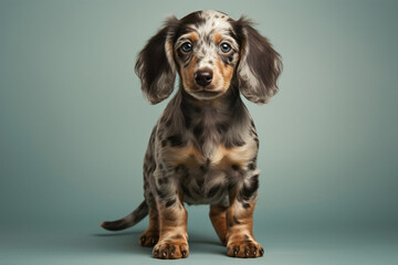Spotted Grey Long- Hair Dapple Dachshund Puppy Blue Eyes Generative AI photography