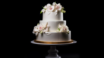 White cake, wedding cake, birthday cake, on a black background, decorated with flowers pearls and candles, white frosting, elaborated decoration, mariage, love, petals, cake with icing, luxury