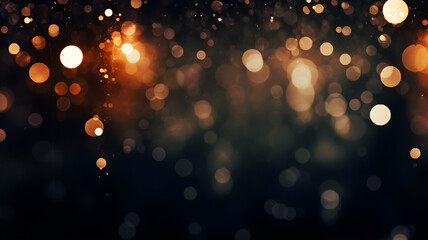 Golden bokeh, raining light, blurry lights, blurry background, gold confettis on a black background, yellow and orange, night lights, city lights, haze, depth of field, round bokeh, circle bokeh