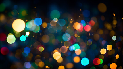 Multicolor bokeh, raining light, blurry lights, blurry background, rainbow confettis on a black background, colorful, night lights, city lights, haze, depth of field, round bokeh, circle bokeh