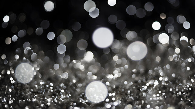 Silver bokeh, white raining light, blurry lights, blurry background, grey confettis on a black background, black and white, night lights, city lights, haze, depth of field, round bokeh, circle bokeh