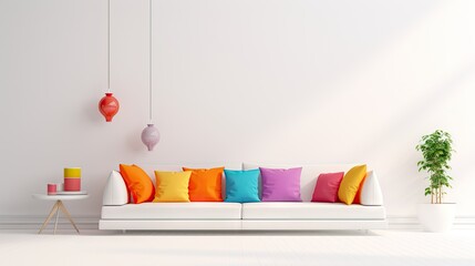 3D image of a white room featuring a white couch adorned with colorful cushions
