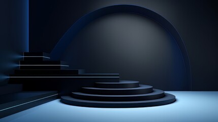 Abstract minimalistic dark blue scene with geometric shapes. visualization AI