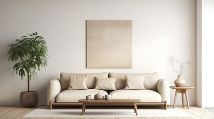 a modern living room with a beige sofa against a white background and an empty wall.