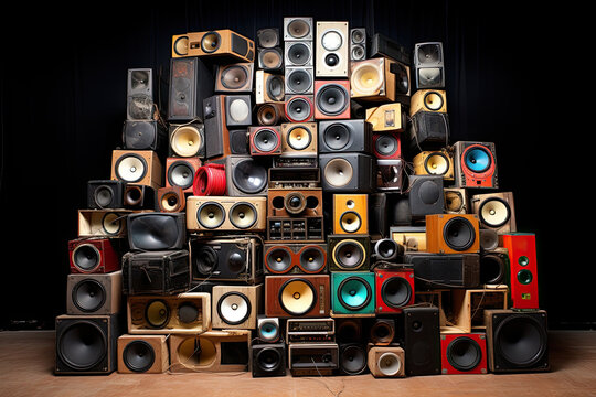 Wall of hi-fi audio speakers. Mid sized audio speakers or monitors stacked up.