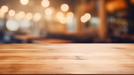 Blurred coffee shop and restaurant interior background with empty wooden table. Use for products display or montage. - obrazy, fototapety, plakaty