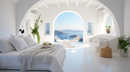 a Santorini style white bedroom interior. - obrazy, fototapety, plakaty