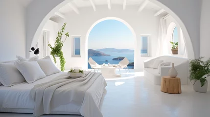 Keuken spatwand met foto a Santorini style white bedroom interior. © Vusal