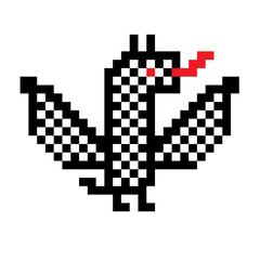 Fototapeta premium Black and white cute pixel dragon isolated on white background in baby art style. For celebrating chinese new year 2024, home textile, bedding, wallpaper, apparel fabric, package. Vector illustration