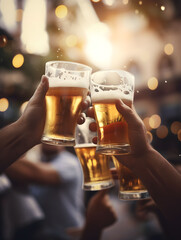 Hand holding glass of beer, brewery, people cheering, cheers, spending a moment together with friends, party, happy moment, nightclub, restaurant, cheering, family