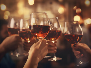 Hand holding glass of red wine, porto wine,  people cheering, cheers, spending a moment together with friends, party, happy moment, wine tasting, cheering, porto wine, - obrazy, fototapety, plakaty