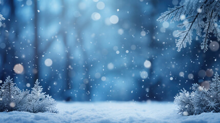 Fototapeta na wymiar Blue winter Christmas background with sky, heavy snowfall. Winter landscape with falling christmas shining beautiful snow.
