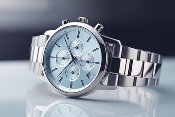 A beautiful silver men's or women's watch with a slightly blue dial on a beautiful background.generative ai
