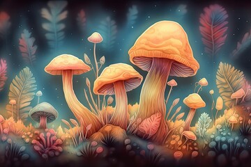 digital rendering of psychedelic mushrooms, with vibrant and surreal colors, representing their hallucinogenic properties and cultural significance. Generative ai
