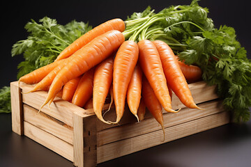 Immerse yourself in the heartwarming charm of this image. Weathered by time, a wooden box cradles a bountiful bunch of carrots. The arrangement evokes a rustic atmosphere, while the isolate background
