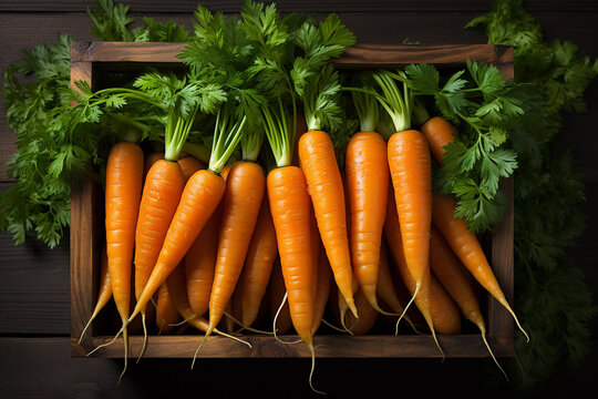 Crisp and Colorful Carrots: A Taste of Nature
Imagine a rustic wooden box filled to the brim with a bright bunch of fresh carrots. The clean, dark background makes their bright colors stand out, 