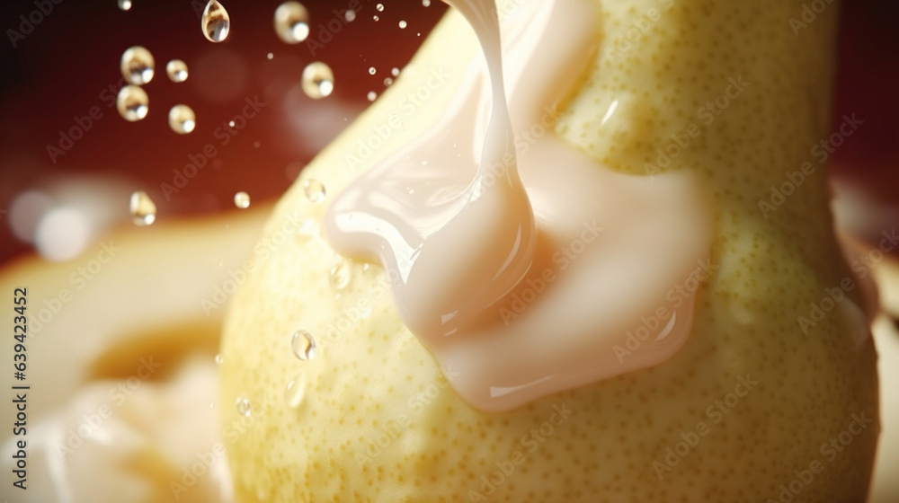 Poster detailed and surreal slowmotion macro shot of pearlywhite dressing dripping from a s in slow motion 