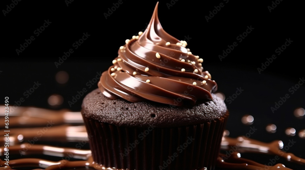 Poster dark glossy glaze slowly coating a layer of ercream on a cupcake in a glimmering display of detailed