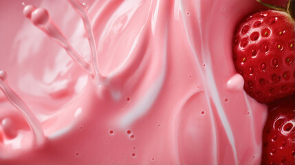Rich creamy strawberry milkshake gliding over the glass in an almost liquidlike fashion as seen in extreme closeup.