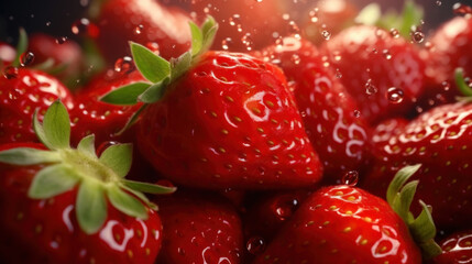 A detailed macro shot of a mass of ripe strawberries being blended together slowly turning from fruit to puree.