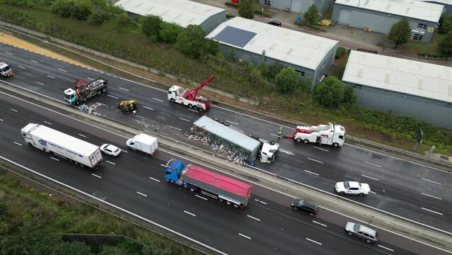 aerial Drone view of truck in accident on motorway