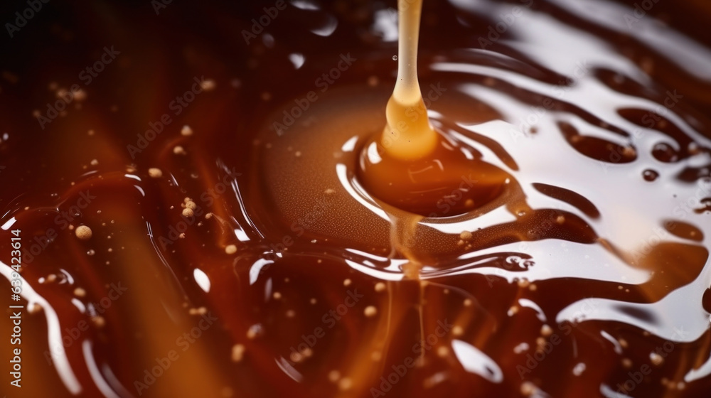 Poster closeup of a brown chunky sauce dripping from a s in slow motion highlighting the movement of each d