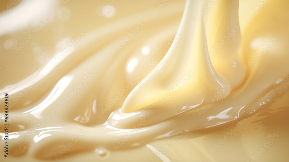 Poster a surreal slowmotion macro shot of a creamy and glistening dressing dripping from a s creating a eth