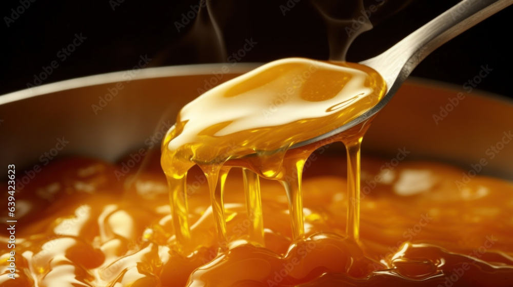 Poster slow motion macro shot of a steaming goldenorange sauce trickling from a ladle in a mesmerizing disp