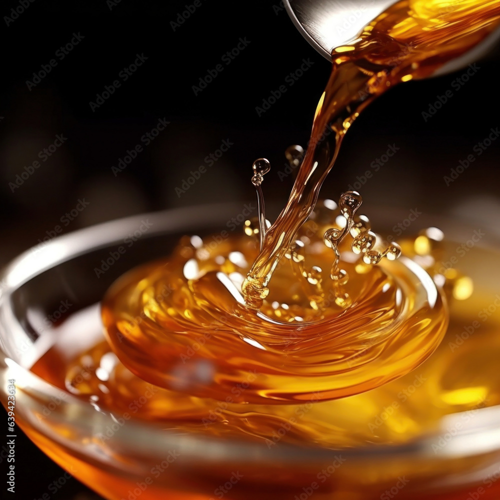 Poster closeup of a delicate stream of shimmering consomm slowly floating in midair providing an artistic a