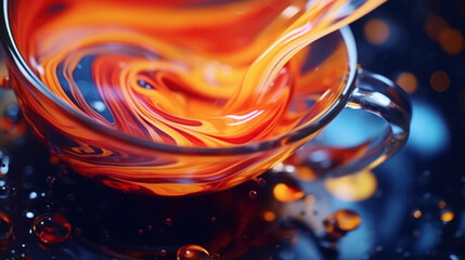 An exquisite detail of the liquid slowly filling the cup in a slowmotion macro shot creating attractive swirls of color and textures.