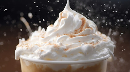 An entrancing slomo macro shot of the foam atop a deliciously frothy frappe as it cascades over the edges of the cup.