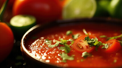 A detailed look at the tantalizing texture and vibrant color of gazpacho as it dances slowly around the bowl.