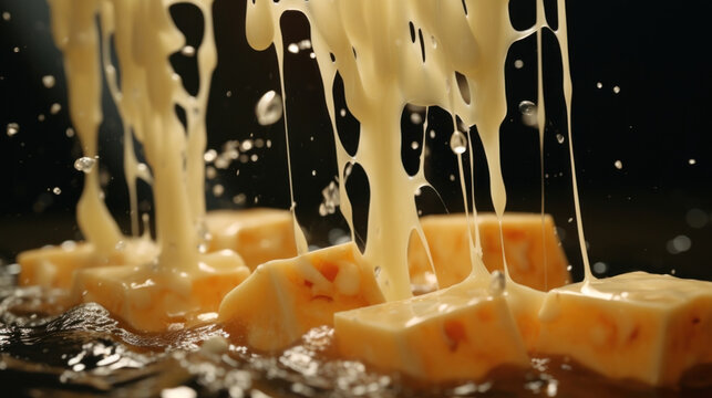 Delicate strings of cheese floating in a stream of salsa in slow motion.