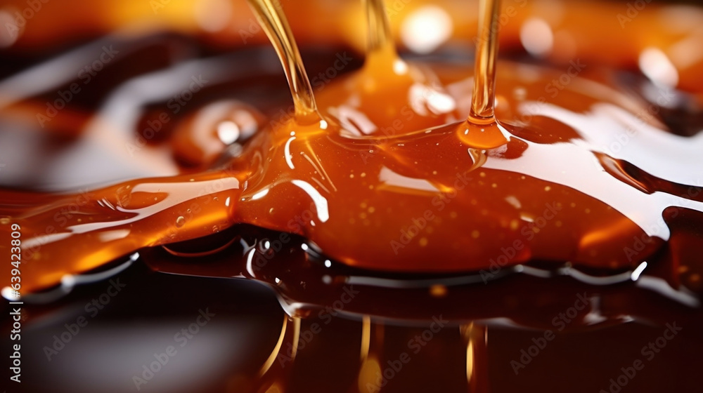 Poster closeup of a brown chunky sauce dripping from a s in slow motion highlighting the movement of each d