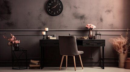 A fashionable arrangement of home office décor including a black wooden desk, chair, dried flower vase, laptop, mock poster frame, design lamp, clock, and elegant accessories. Template style.