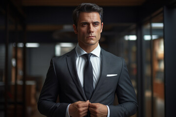Fototapeta premium Beautiful portrait of a young businessman aged 30-45 buttoning up his jacket, photo from the front.generative ai 