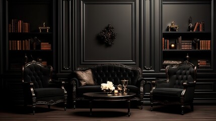 Classic black interior with armchairs and coffee table.