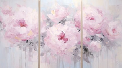 Set of modern abstract oil paintings with various textures and colors, including pink peonies, for interior decoration.