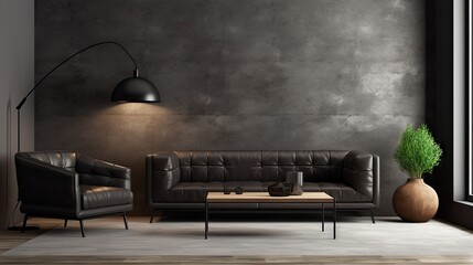 a contemporary interior design with a lounge, bedroom, and black wall texture background. - obrazy, fototapety, plakaty