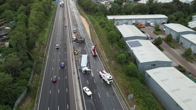 aerial Drone view of truck in accident on motorway