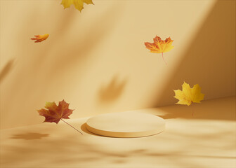 3D pedestal podium, autumn yellow background.  Leaves falling with sun shadow. Fall display, showcase. Beauty product promotion or text. Abstract mockup with leaf.  Nature 3D render illustration