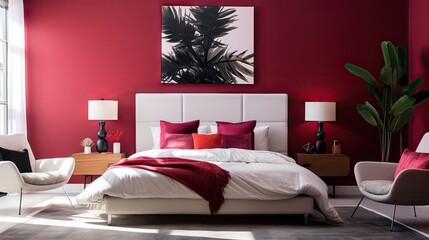 2024s trendy color in the bedroom is magenta. A blank modern room with a red accent wall and white furniture.