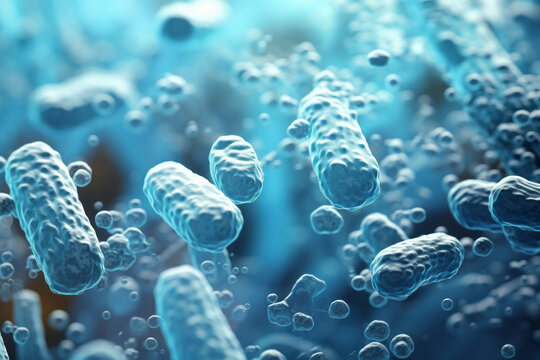 Light blue background with microbes under the microscope.generative ai
